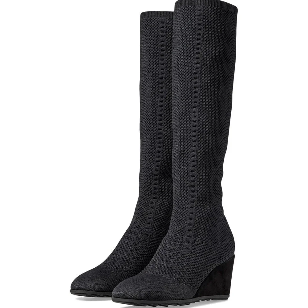 Eileen Fisher Kasana Tall Wedge Knit Boots Black Size 8 New - Picture 2 of 11